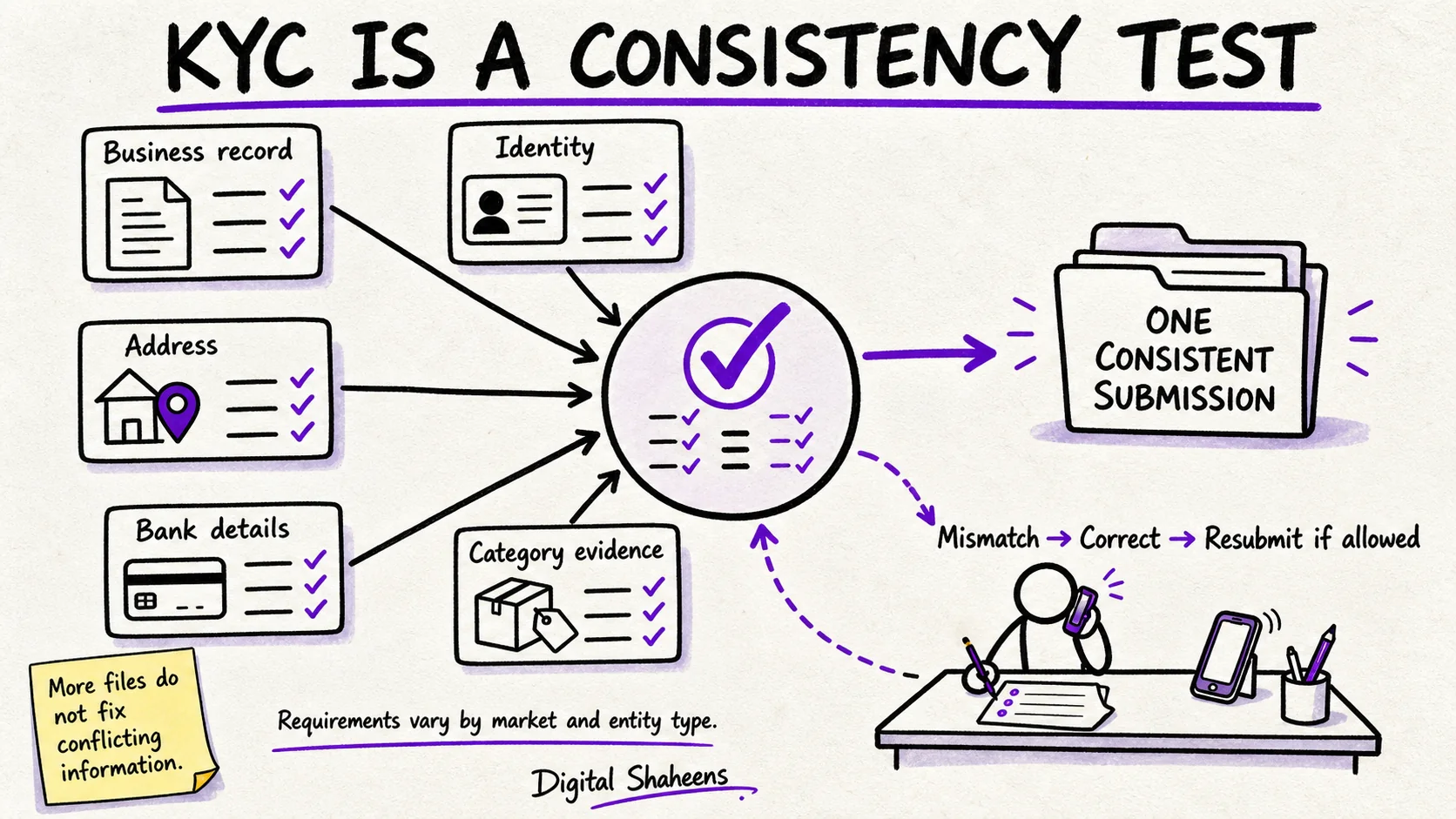 Hand-drawn KYC consistency checkpoint where business records, identity, address, bank details, and category evidence form one submission